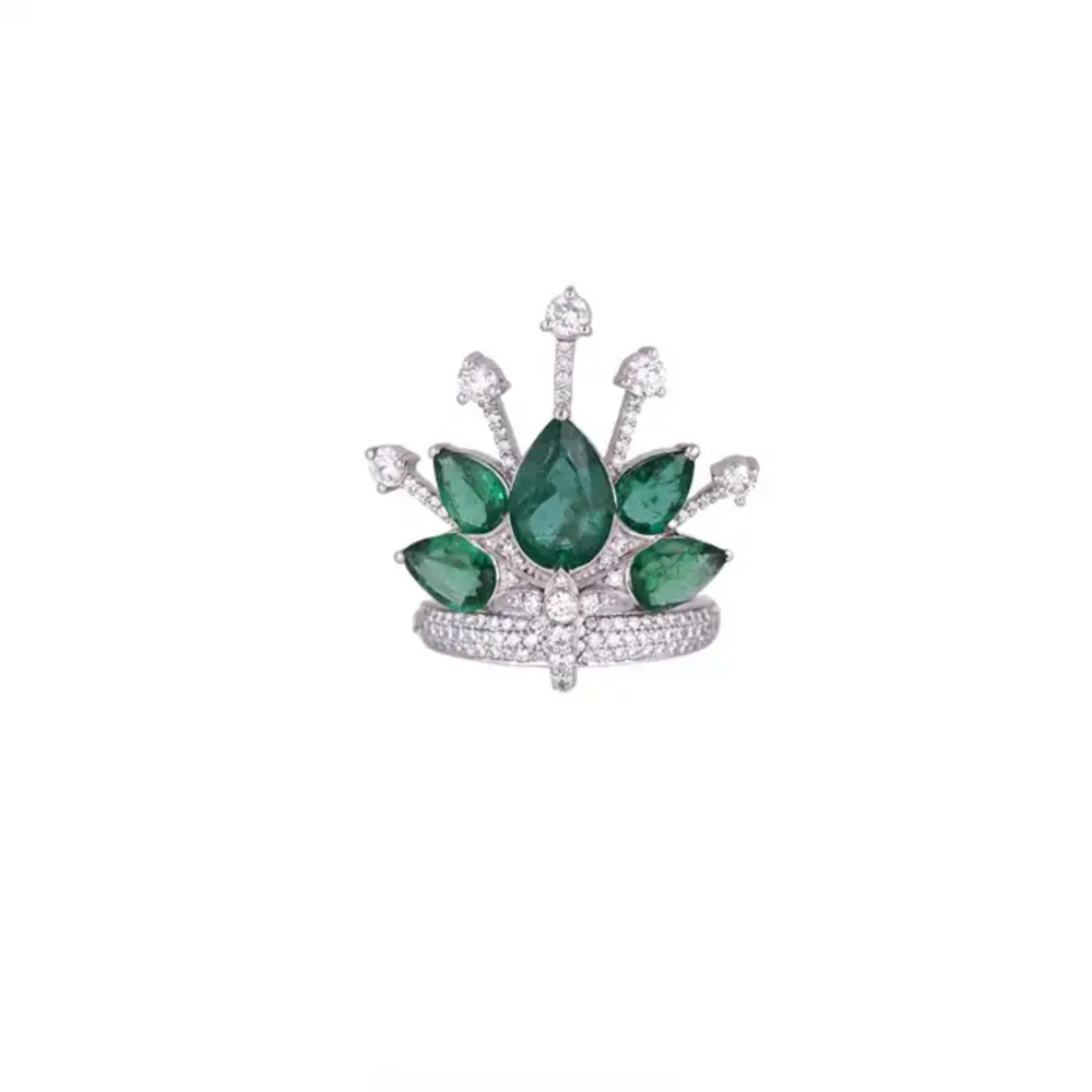 18k White Gold Diamond Crown Ring - Natural 3.80 Ct Zambian Emerald Wedding Ring