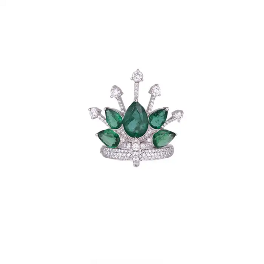 18k White Gold Diamond Crown Ring - Natural 3.80 Ct Zambian Emerald Wedding Ring
