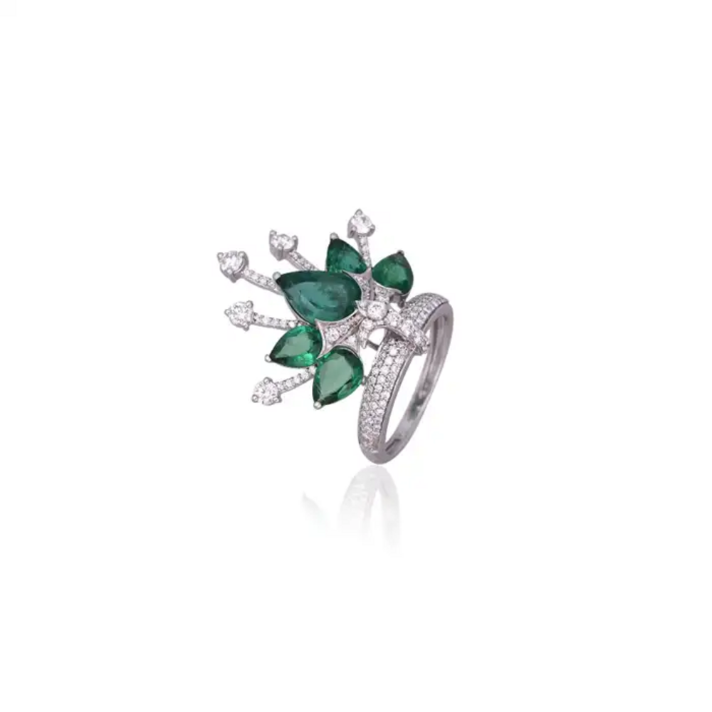 18k White Gold Diamond Crown Ring - Natural 3.80 Ct Zambian Emerald Wedding Ring