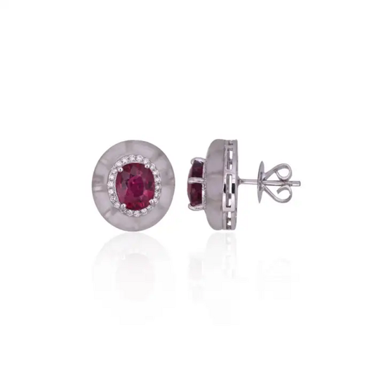 18k White Gold Diamond Stud Earrings - Natural Rubellite & Rock Crystal Earrings