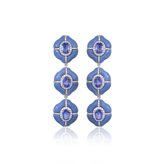 Natural Ceylon Blue Sapphire & Blue Opal Dangle Earrings - 18k White Gold Diamond Women Earrings