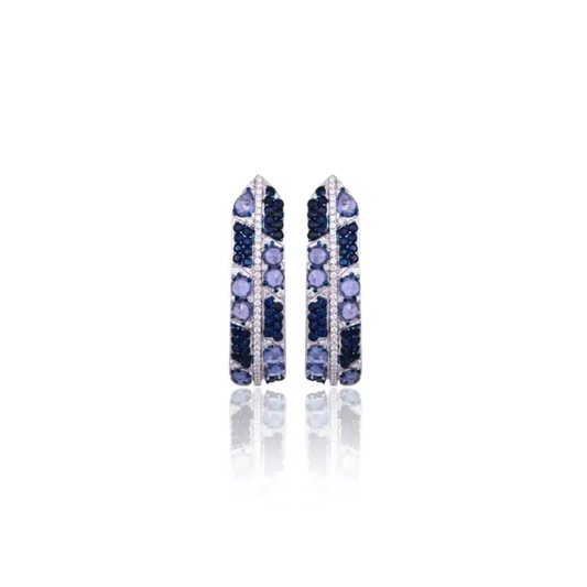 18k White Gold Diamond Hoop Earrings - Natural 5.69 Ct. Blue Sapphire Earrings
