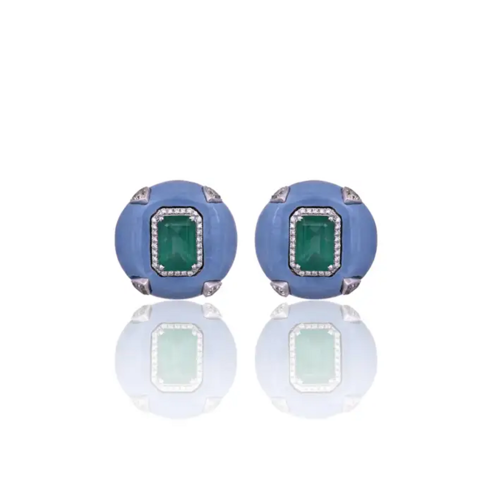 Natural Zambian Emerald & Blue Opal Stud Earrings - 18k White Gold Diamond Earrings