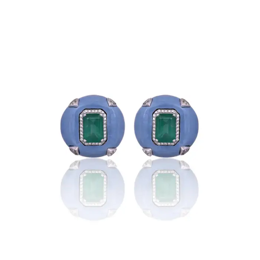 Natural Zambian Emerald & Blue Opal Stud Earrings - 18k White Gold Diamond Earrings