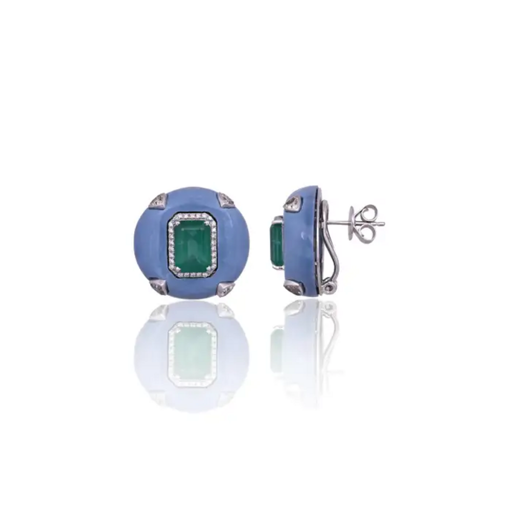Natural Zambian Emerald & Blue Opal Stud Earrings - 18k White Gold Diamond Earrings