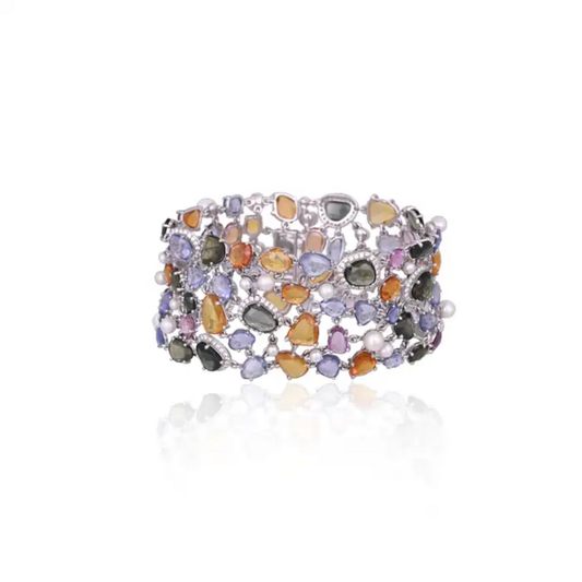 Natural Multi Sapphire & Pearls Link Bracelet - 18k White Gold Diamond Bracelet