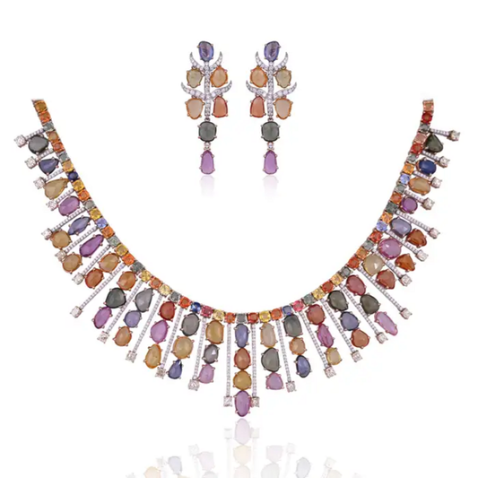 18k Rose Gold Necklace Earrings Set - Natural Multi Sapphire & Diamond Wedding Jewelry