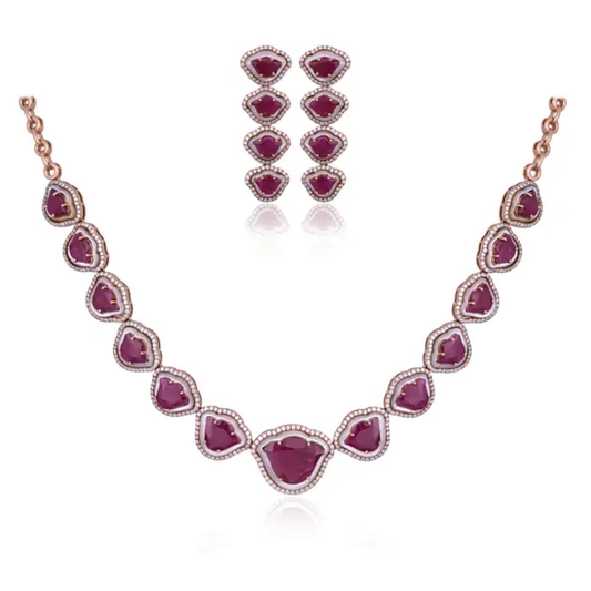 Tulip cut Mozambique Ruby & Mother Of Pearl Necklace Earrings Set - 18k Rose Gold Diamond Necklace Earrings