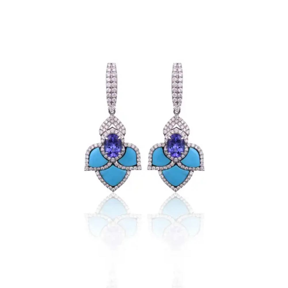 18k White Gold Turquoise & Tanzanite Dangle Earrings - Natural Diamond Earrings