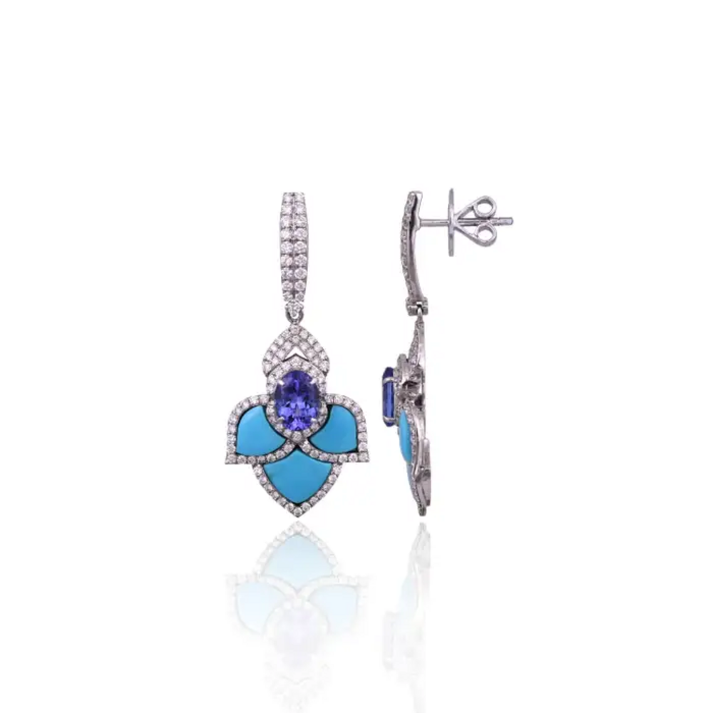18k White Gold Turquoise & Tanzanite Dangle Earrings - Natural Diamond Earrings