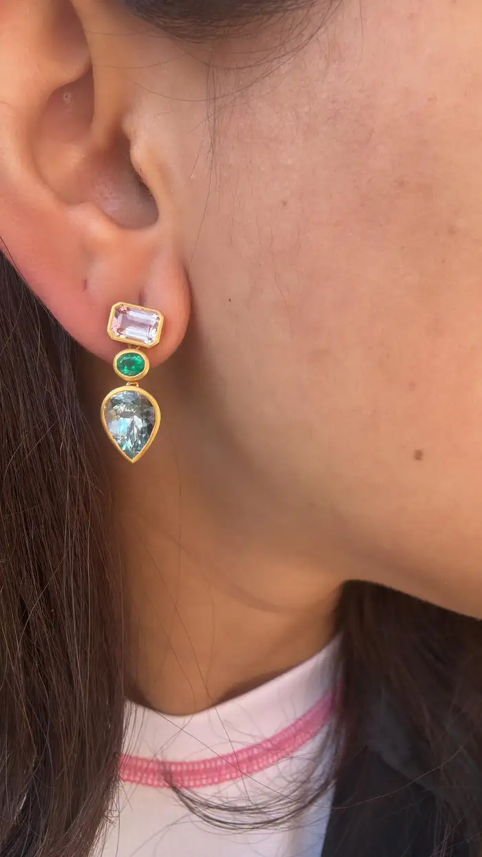 18K Yellow Matte Gold, Aquamarine, Emerald & Morganite Dangle Earring