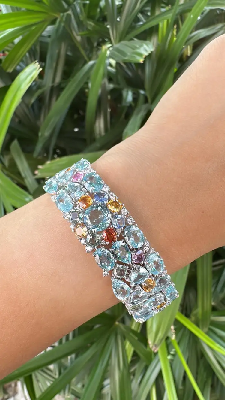 18k White Gold Diamond Statement Bracelet - Natural Aquamarine & Multi Sapphire Bracelet