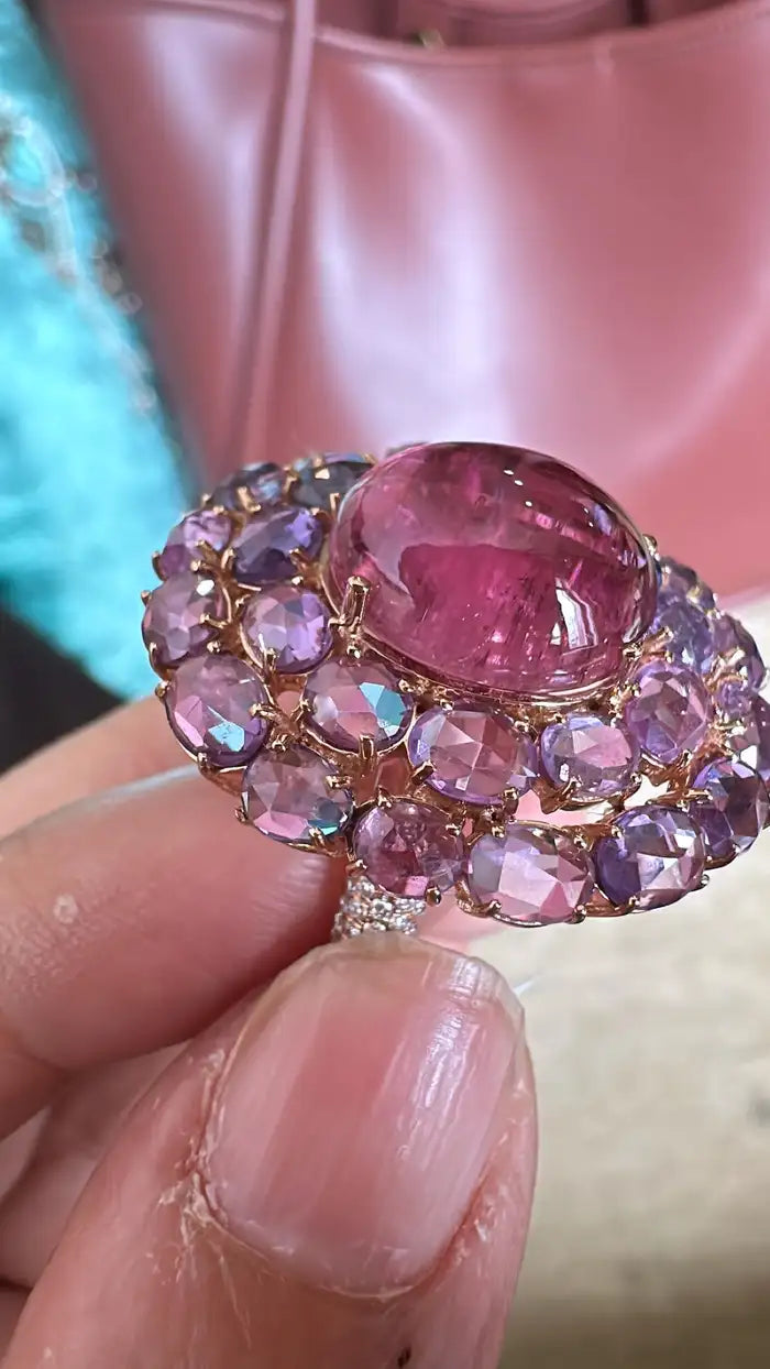 18K Gold, 8.13 carats, Tourmaline, Multi Sapphire & Diamond Cocktail Ring
