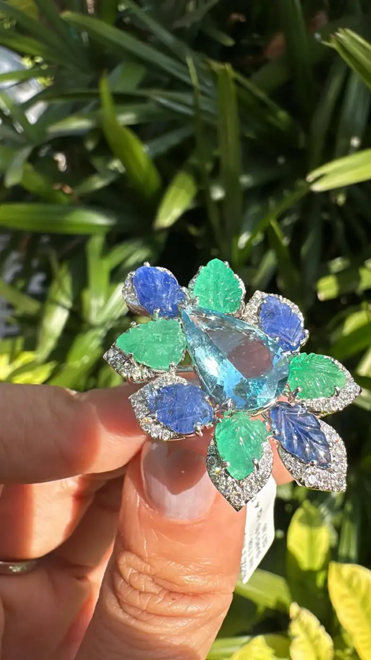 Aquamarine, Blue Sapphires, Emeralds & Diamonds Cocktail Ring - 18k White Gold Diamond Statement Ring