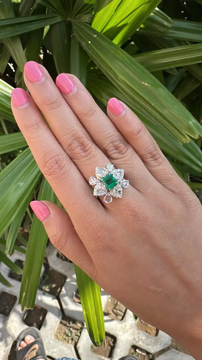 Natural Rose Cut Diamond Cocktail Ring - 18k White Gold Zambian Emerald Wedding Ring
