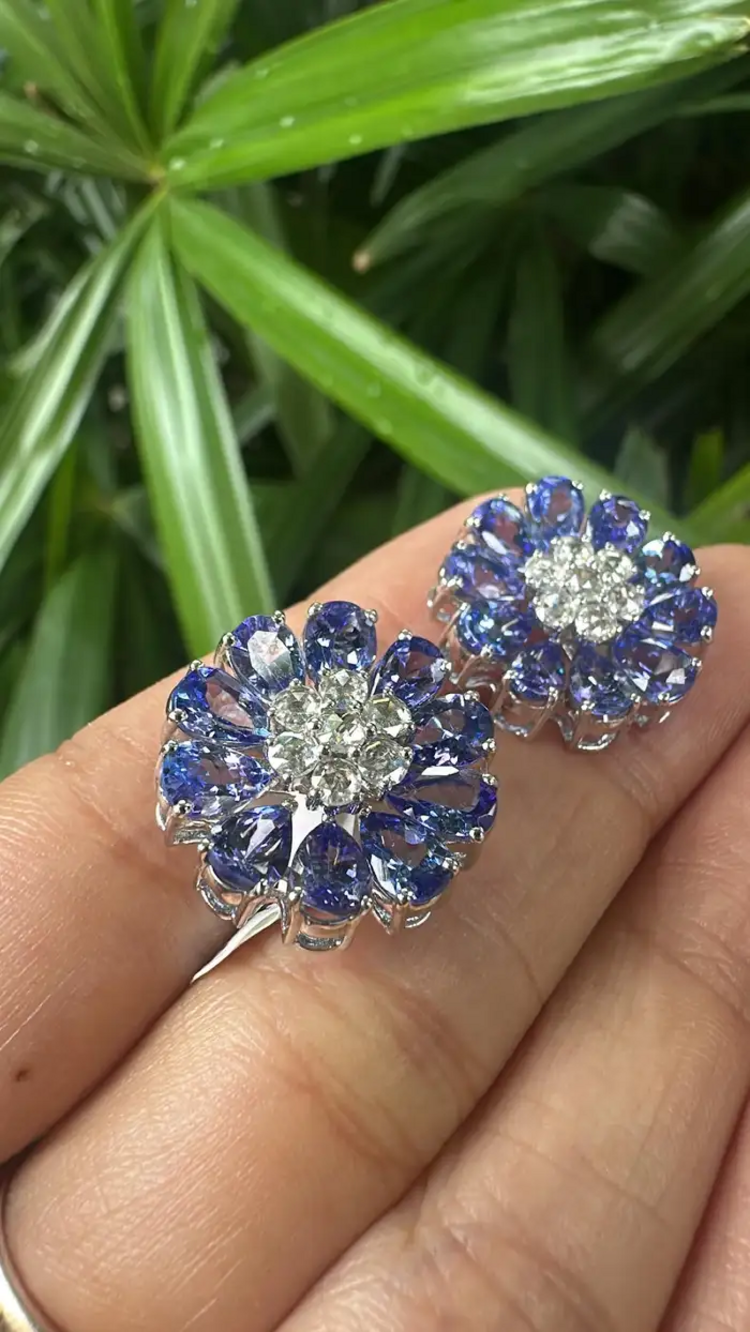 18k White Gold Diamond Stud Earrings - Natural Tanzanite & Rose Cut Diamonds Earrings