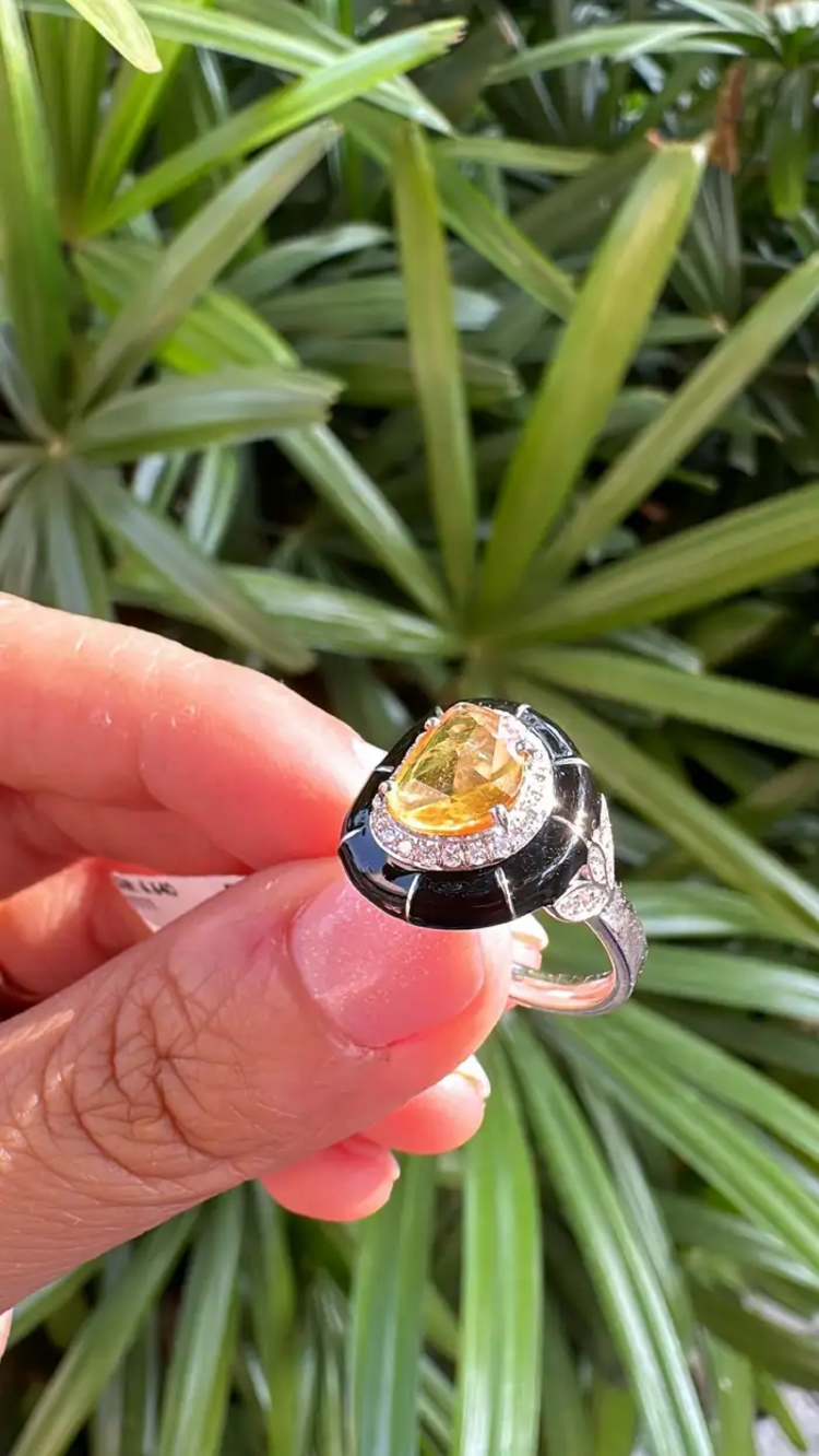 Ceylon Yellow Sapphire & Black Enamel Tiny Ring - 18k White Gold, Diamond Handmade Ring