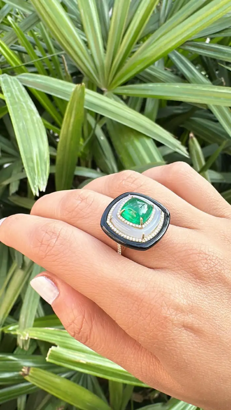 18K Yellow Gold Emerald Ring with Chalcedony, Black Onyx & Diamond Accents – Luxury Statement Jewelry