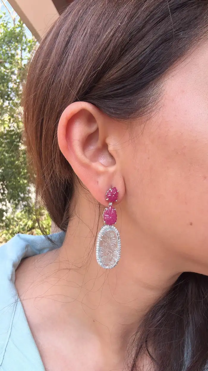 Natural Mozambique Ruby & Aquamarine Gemstone Dangle Earrings - 18k White Gold Diamond Earrings