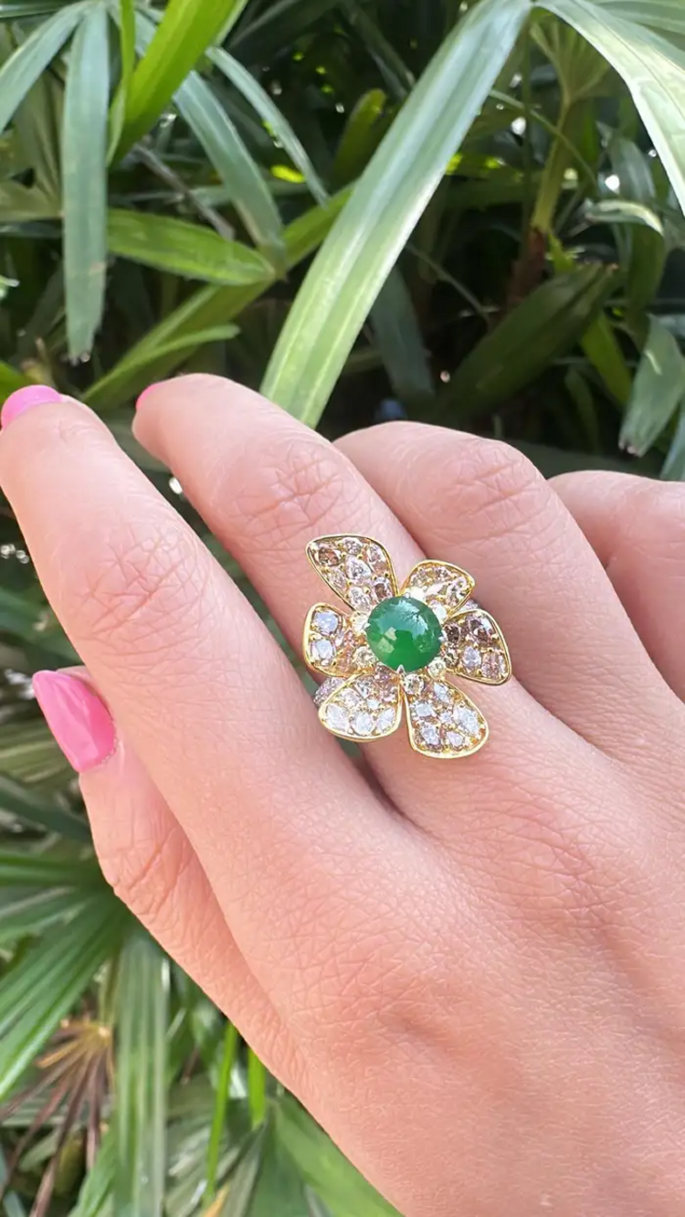 18k Yellow Gold Handmade Diamond Ring - Natural Jade Gemstone Engagement Ring