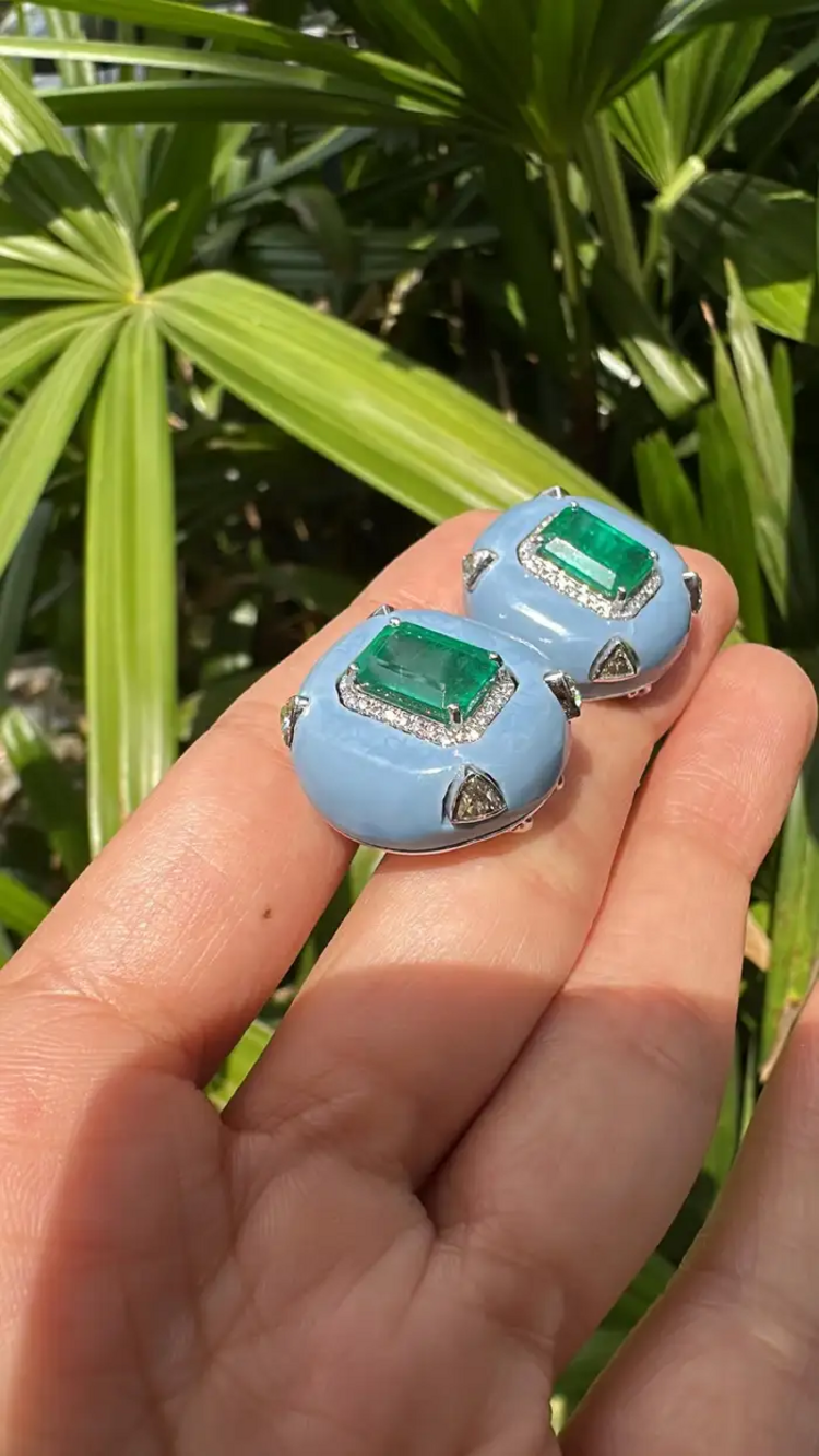 Natural Zambian Emerald & Blue Opal Stud Earrings - 18k White Gold Diamond Earrings