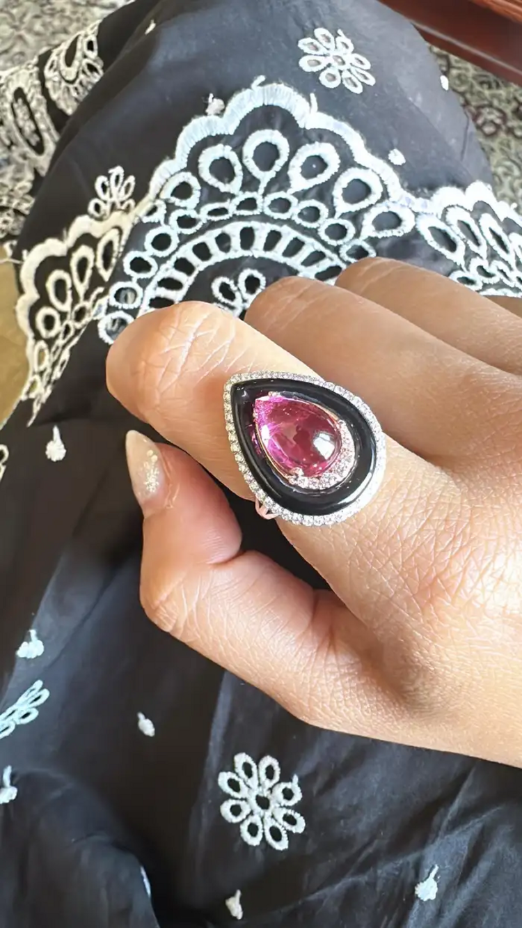 Tourmaline cabochon, Black Onyx & Diamonds Engagement Ring
