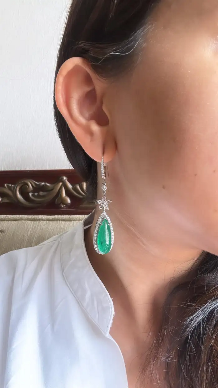 12.57 carats, Zambian Emeralds & Rose Cut Diamonds Chandelier Earrings