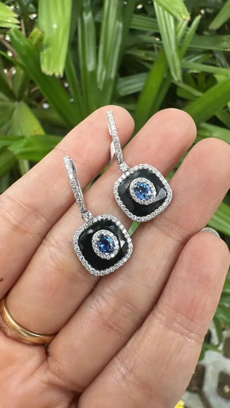 Natural Blue Sapphire & Black Onyx Earrings - 18k White Gold Diamond Earrings
