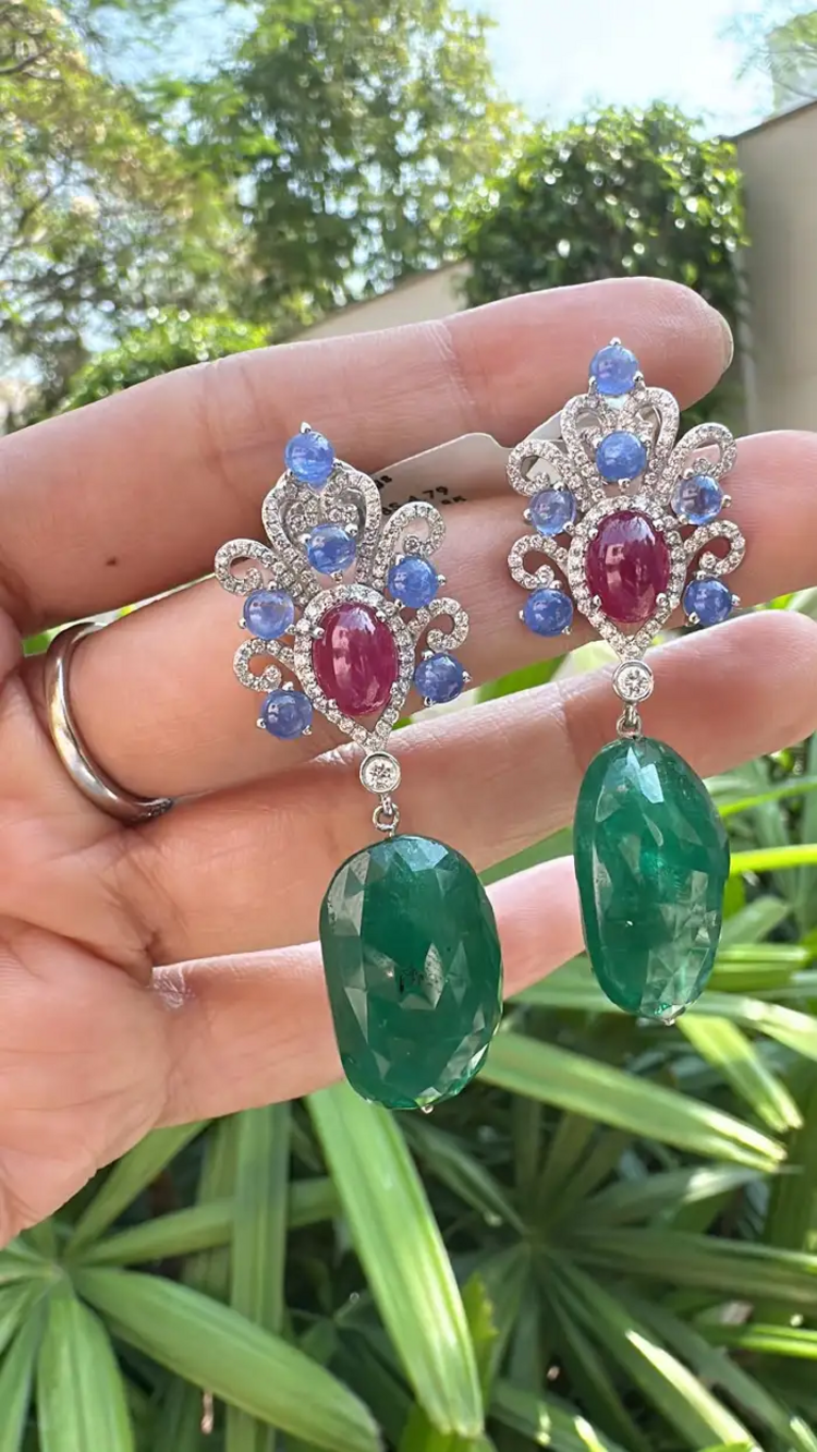 18k White Gold Diamond Dangle Earrings - Natural Blue Sapphire, Mozambique Ruby & Zambian Emerald Tumble Earrings