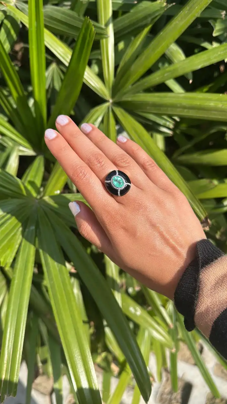 18k White Gold Diamond Cocktail Ring - Natural Colombian Emerald & Black Onyx Statement Ring