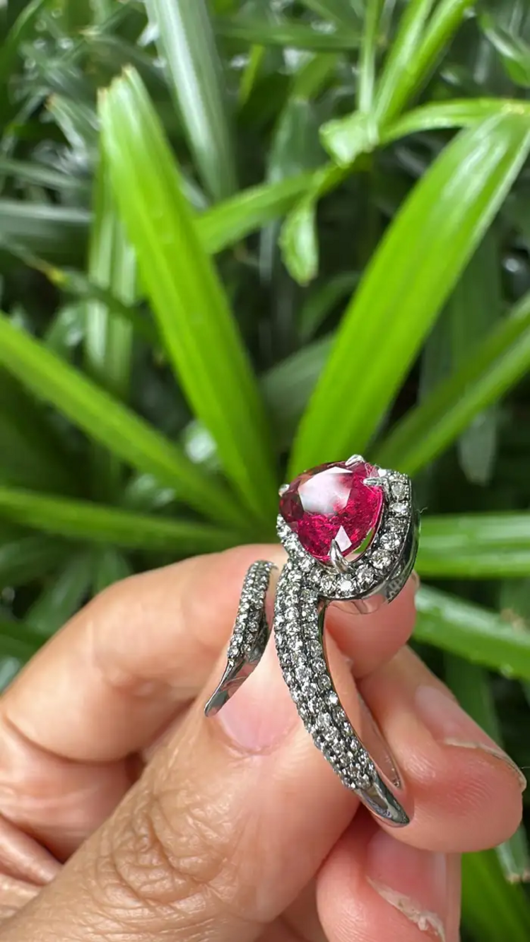 18k White Gold Diamond Ring - Natural Rubellite Gemstone Engagement Ring