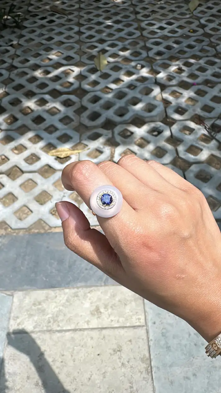 Natural Tanzanite & Chalcedony Gold Ring - 18k Yellow Gold Diamond Cocktail Ring