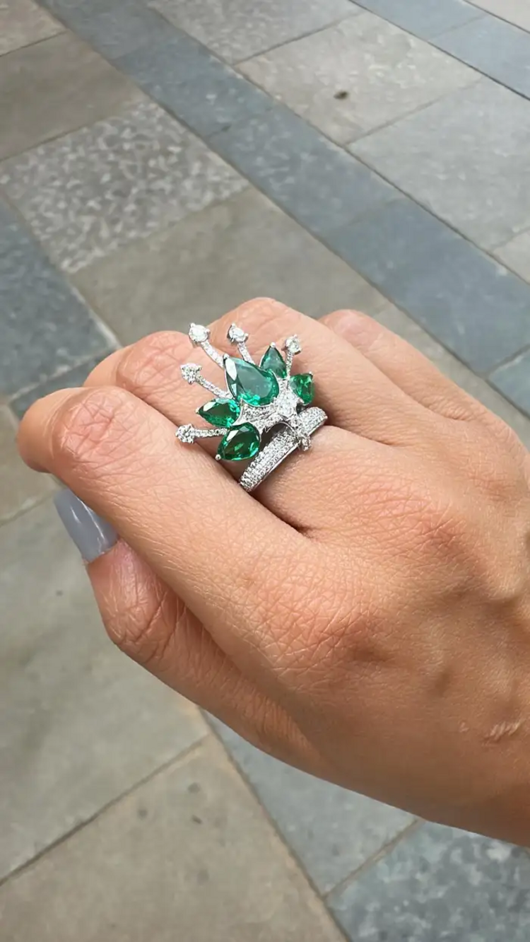 18k White Gold Diamond Crown Ring - Natural 3.80 Ct Zambian Emerald Wedding Ring