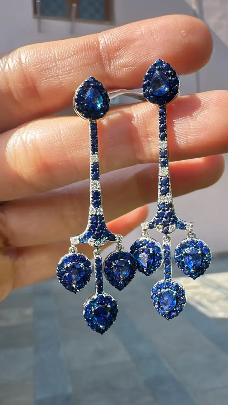 Natural Ceylon Blue Sapphire Chandelier Earring - 18k White Gold Diamond Handmade Dangle Earrings