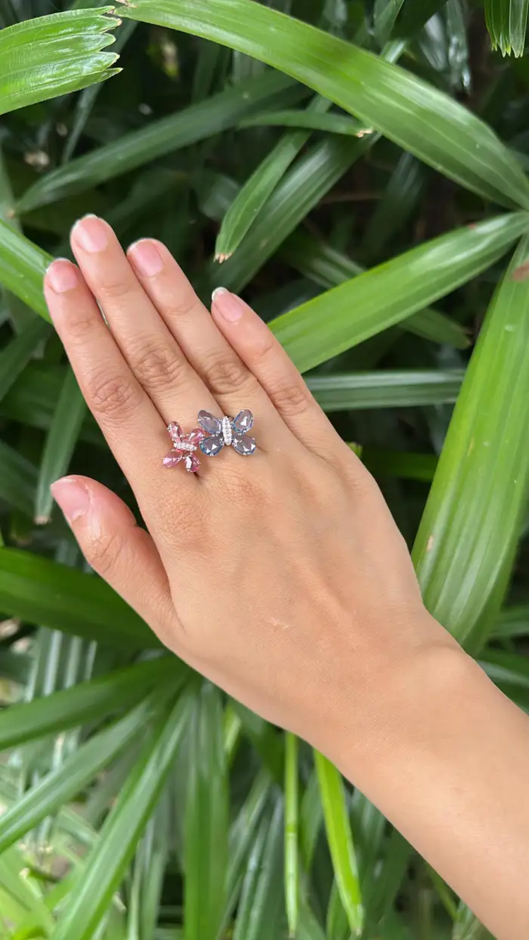 18k Gold Diamond Engagement Ring - Natural Ceylon Pink & Blue Sapphire Stackable Ring