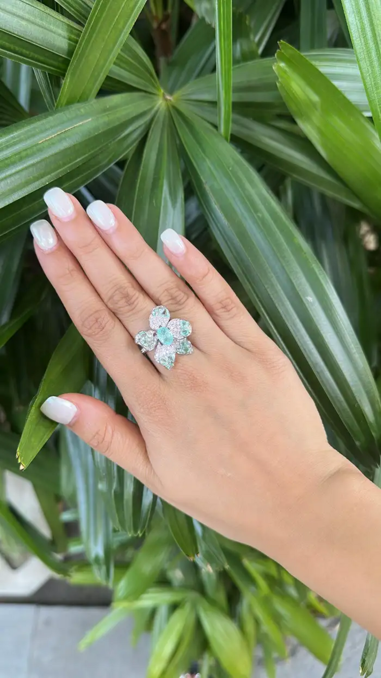 18k White Gold Diamond Cocktail Ring - Natural Paraiba Gemstone Wedding Ring