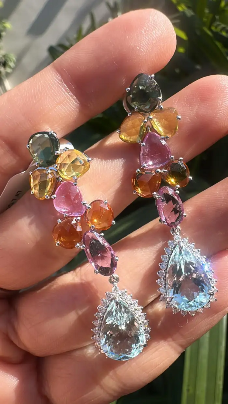 Natural Multi Sapphire & Pear Shape Aquamarine Gemstone Dangle Earrings - 18k White Gold Diamond Earrings