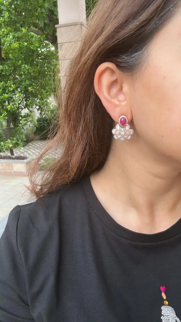 18k Rose Gold Diamond Stud Earrings - Natural Ruby & Mother Of Pearl Dangle Earrings