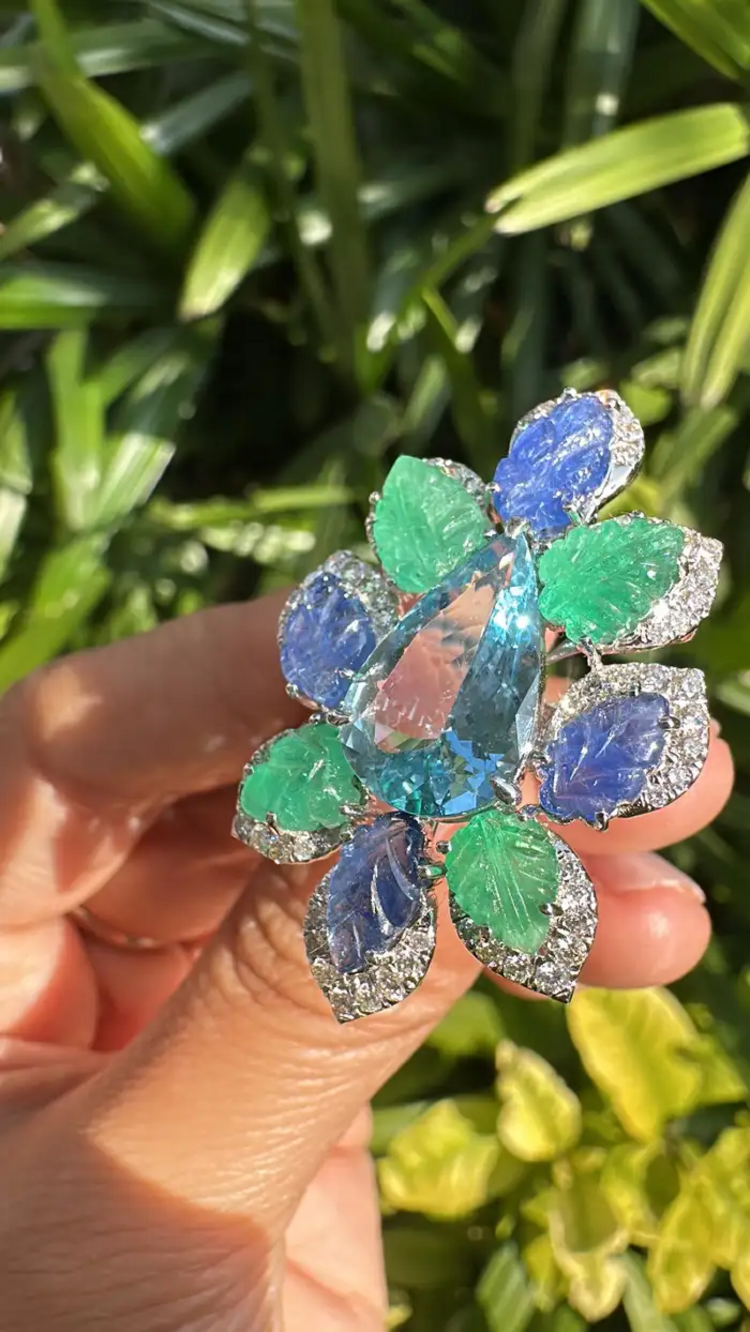 Aquamarine, Blue Sapphires, Emeralds & Diamonds Cocktail Ring - 18k White Gold Diamond Statement Ring