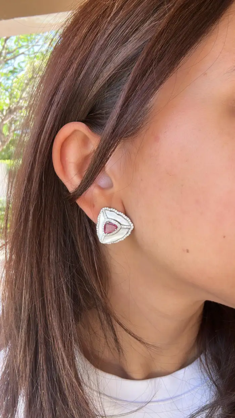 18k White Gold Handmade Diamond Stud Earrings - Natural Zambian Emerald, Mozambique Ruby & Pearl Stud Earrings