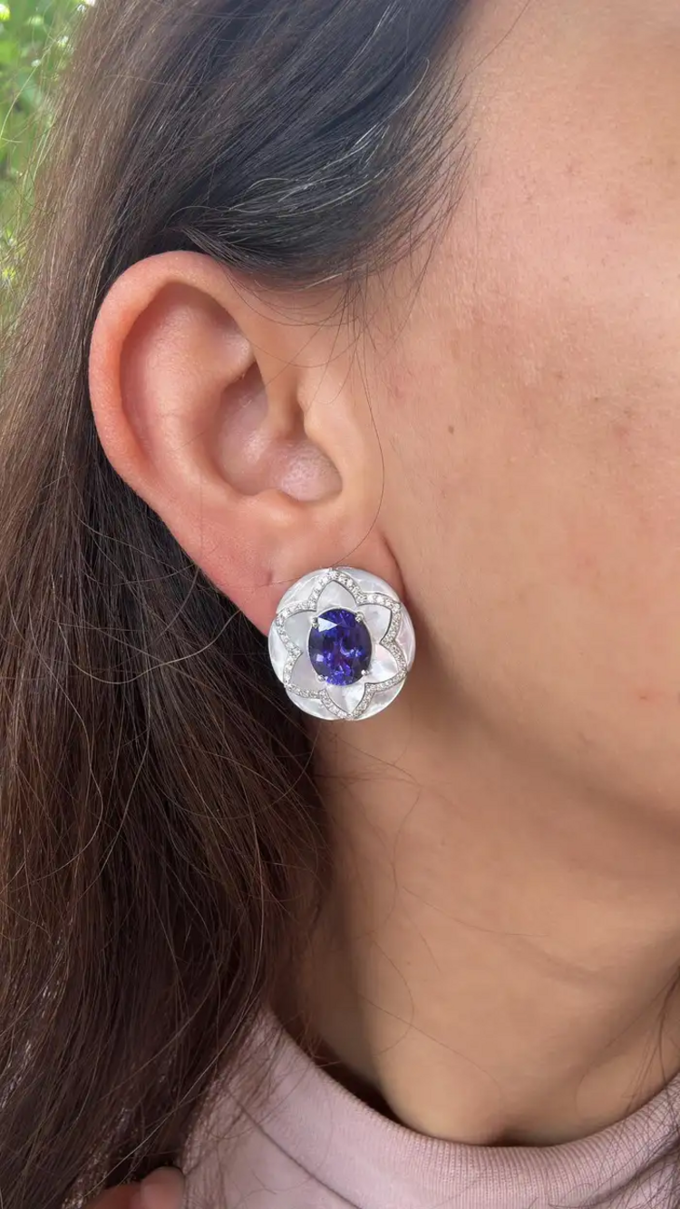 Natural Tanzanite & Mother Of Pearl Stud Earrings - 18k White Gold Diamond Earrings