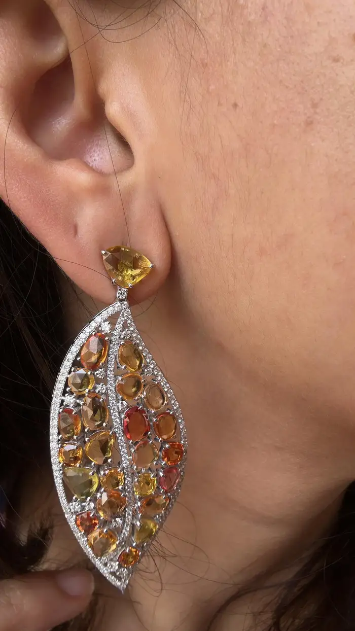 18k White Gold Diamond Dangle Earrings - Natural Yellow Sapphire Gemstone Women Earrings