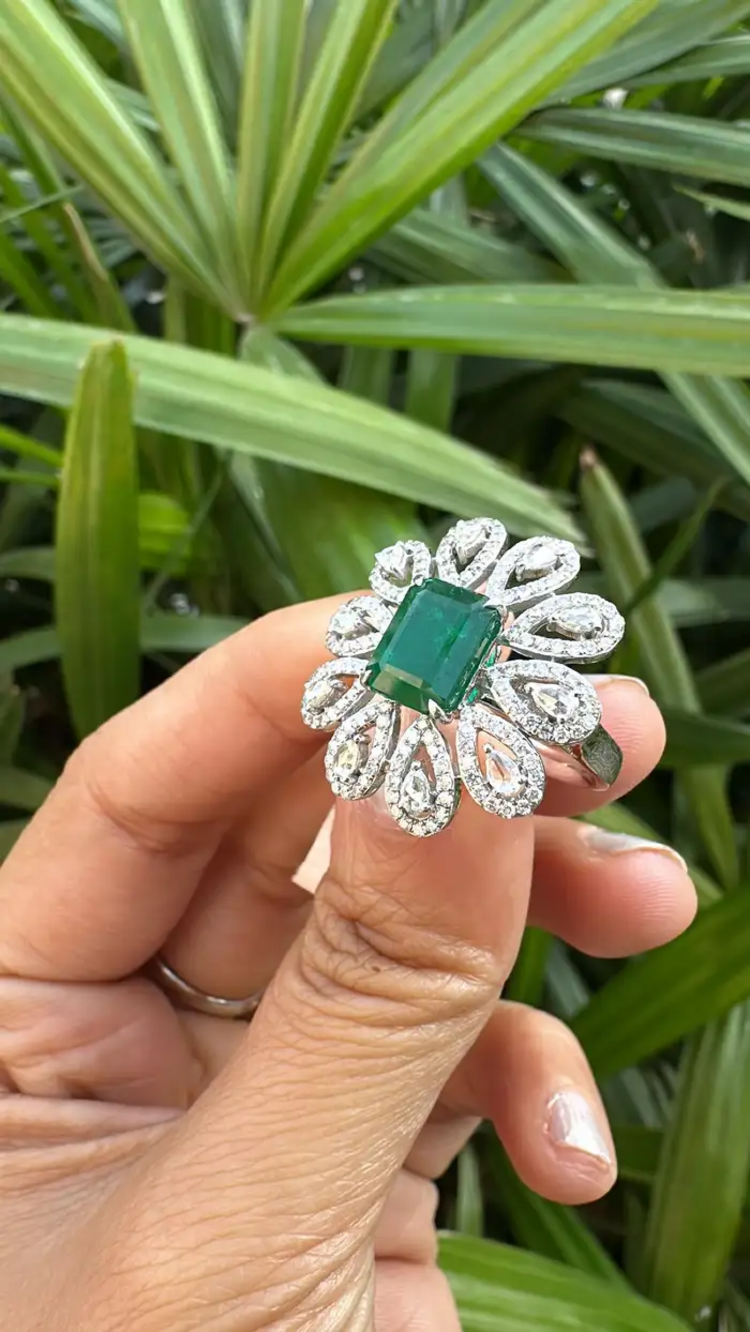 Solid 18k White Gold Diamond Floral Wedding Ring - Natural Zambian Emerald Statement Ring