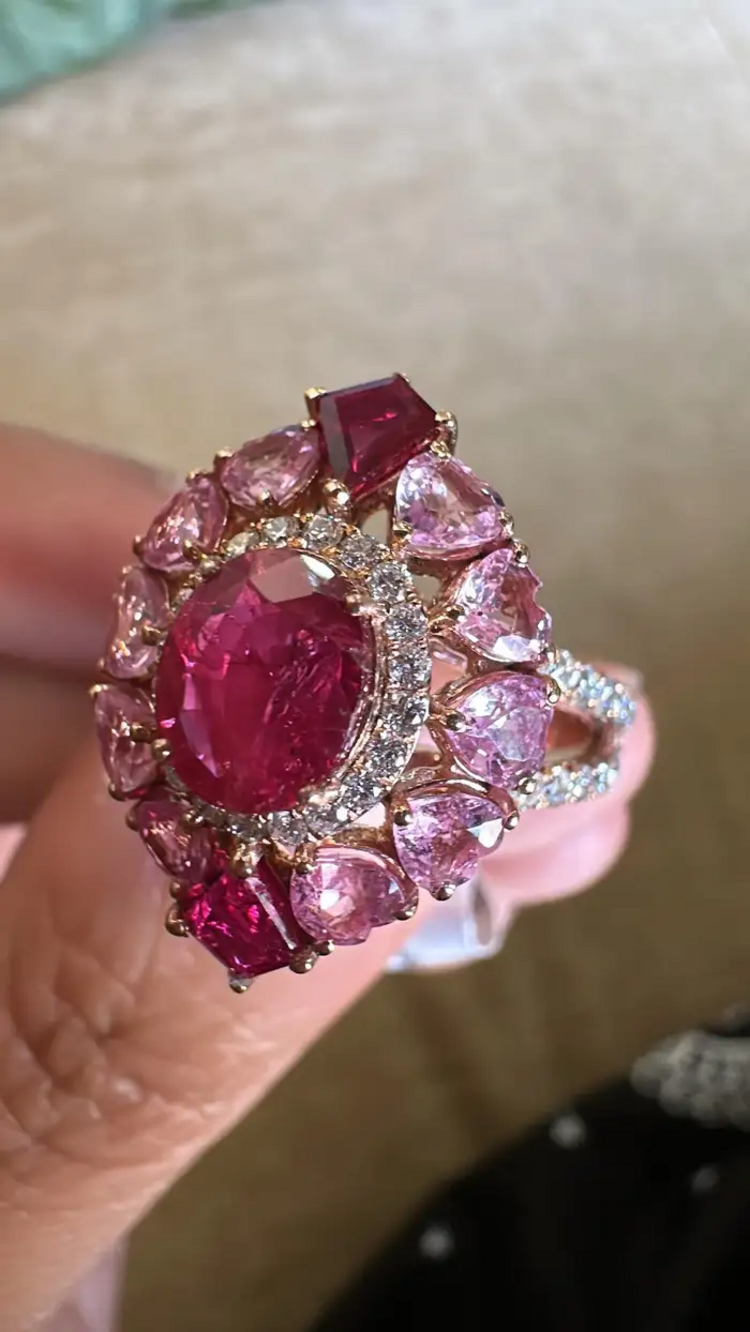 18K Yellow Gold, natural Mozambique Ruby, Pink Sapphire & Diamonds Cocktail Ring