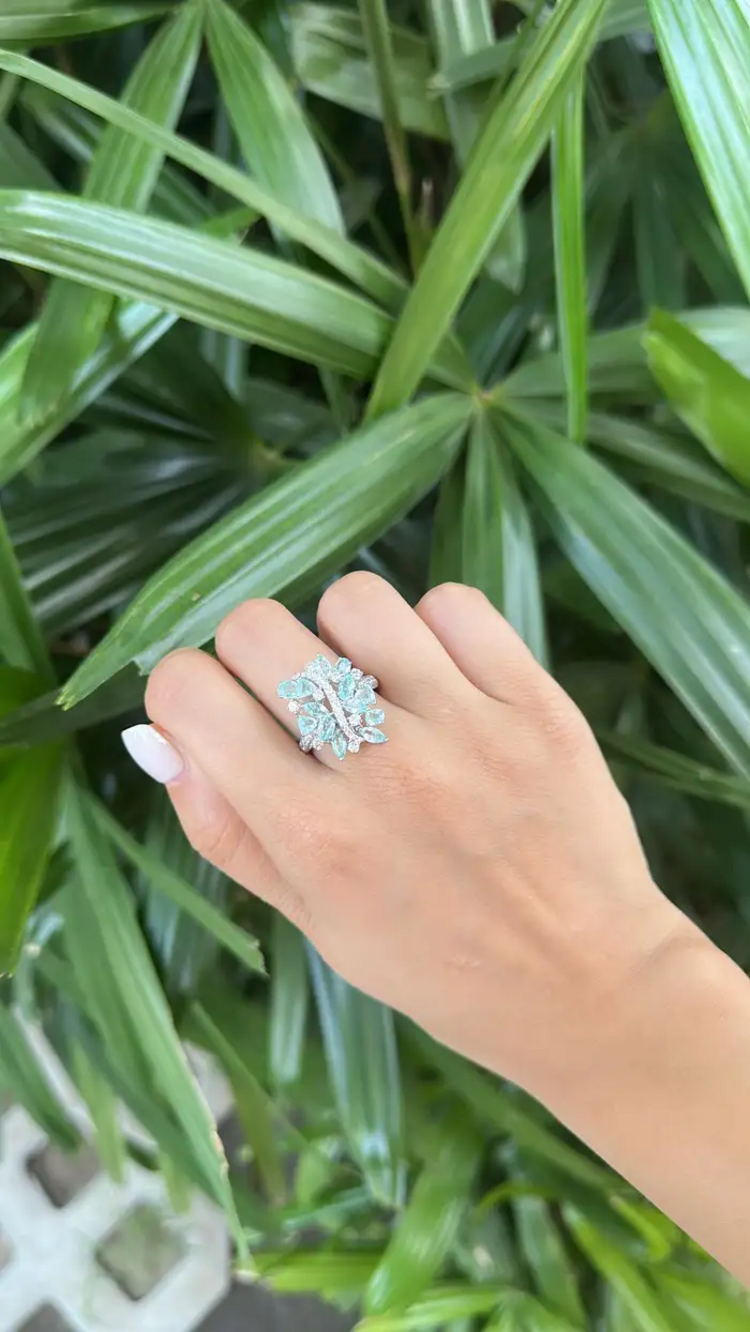 Natural Paraiba Tourmaline & Diamond Wedding Ring - 18k White Gold Engagement Ring