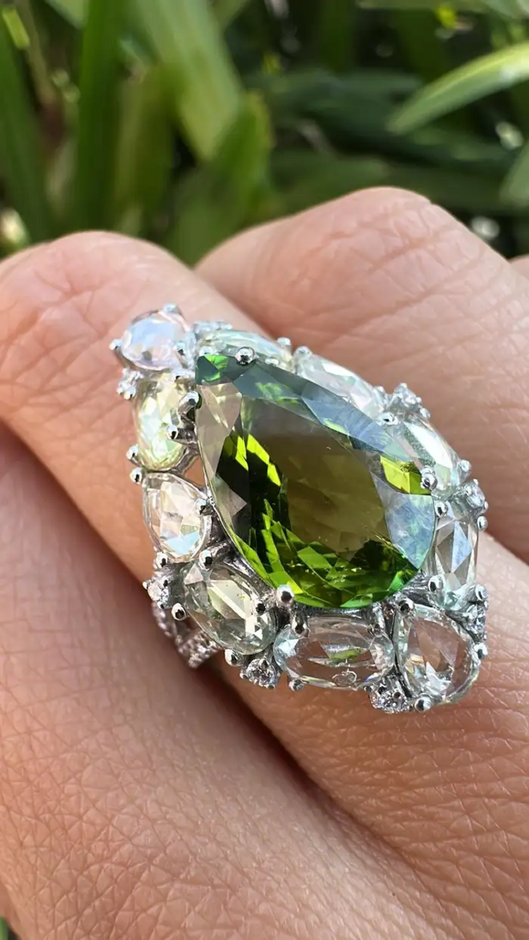 Natural Tourmaline & White Sapphire Ring - 18k White Gold Diamond Handmade Ring