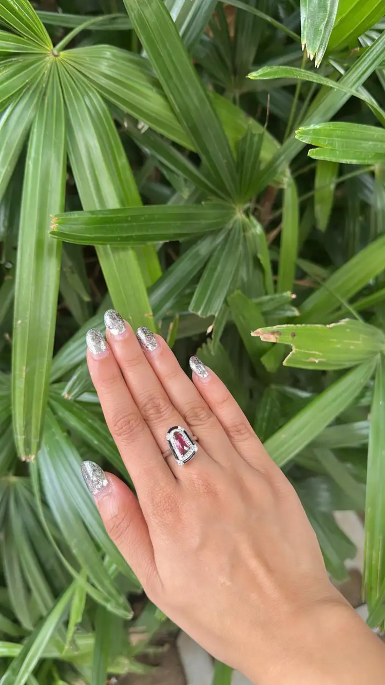Natural Tourmaline & Black Enamel Ring - 18k White Gold Diamond Cocktail Ring