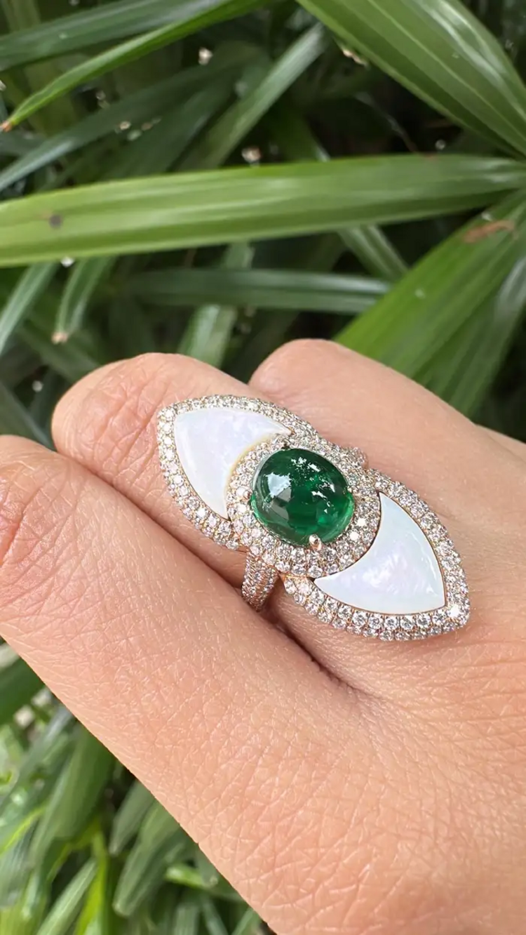 Natural Zambian Emerald & Mother Of Pearl Ring - 18k Yellow Gold Diamond Statement Ring