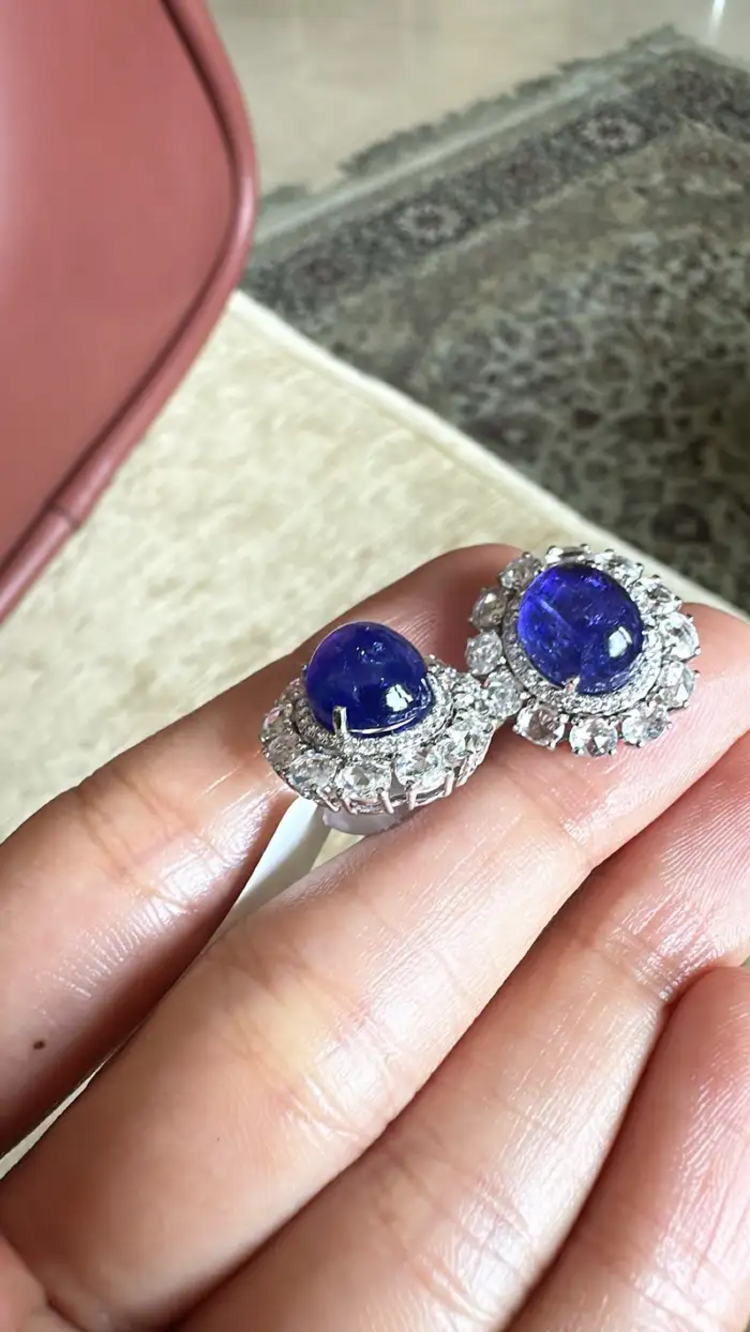 Natural Diamond & Tanzanite Gemstone Stud Earrings - 18k White Gold Women Jewelry