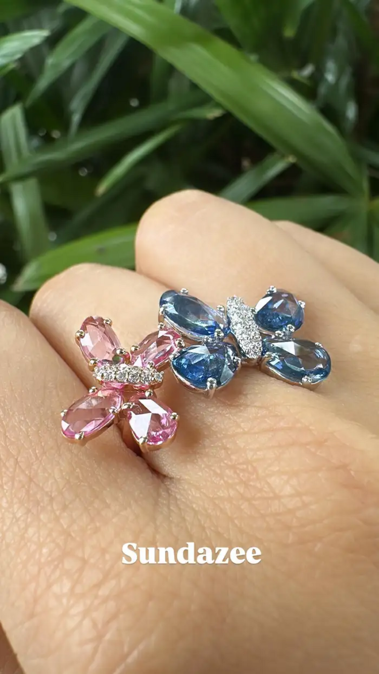 18k Gold Diamond Engagement Ring - Natural Ceylon Pink & Blue Sapphire Stackable Ring